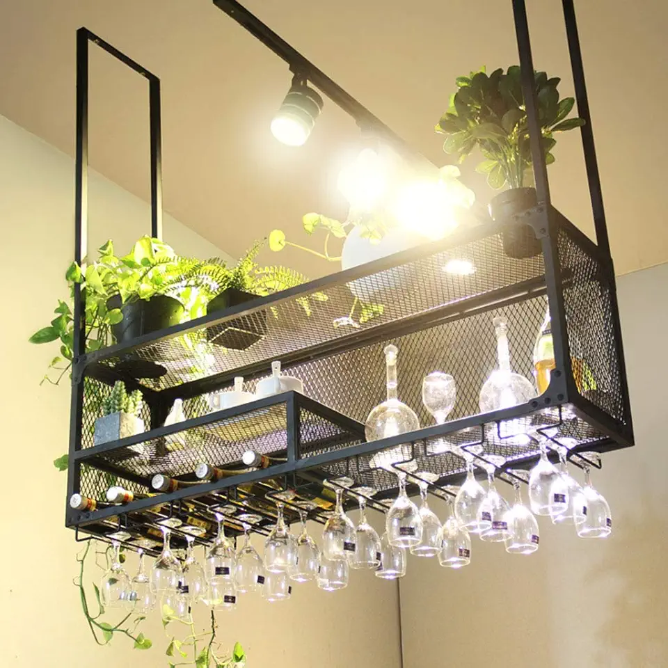 Ceiling Wine Racks Bottle Beverage Stand with Cubicle Hooks Rack Large Metal Organizer Holds Any Type of Stemware Glassware Wine Glasses and Flutes Universal Bar Pub Bottle Rack