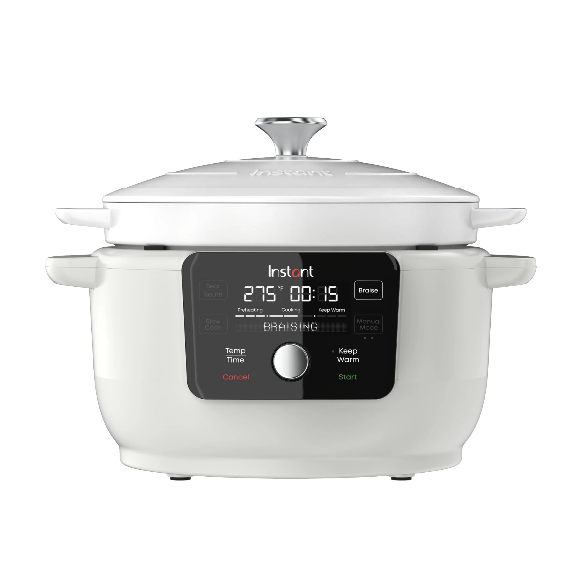 Instant 6-Quart Electric Round Dutch Oven, 5-in-1: Braise, Slow Cook, Sear/Sauté, Cooking Pan, Food Warmer, Enameled Cast Iron, Included Recipe Book, White