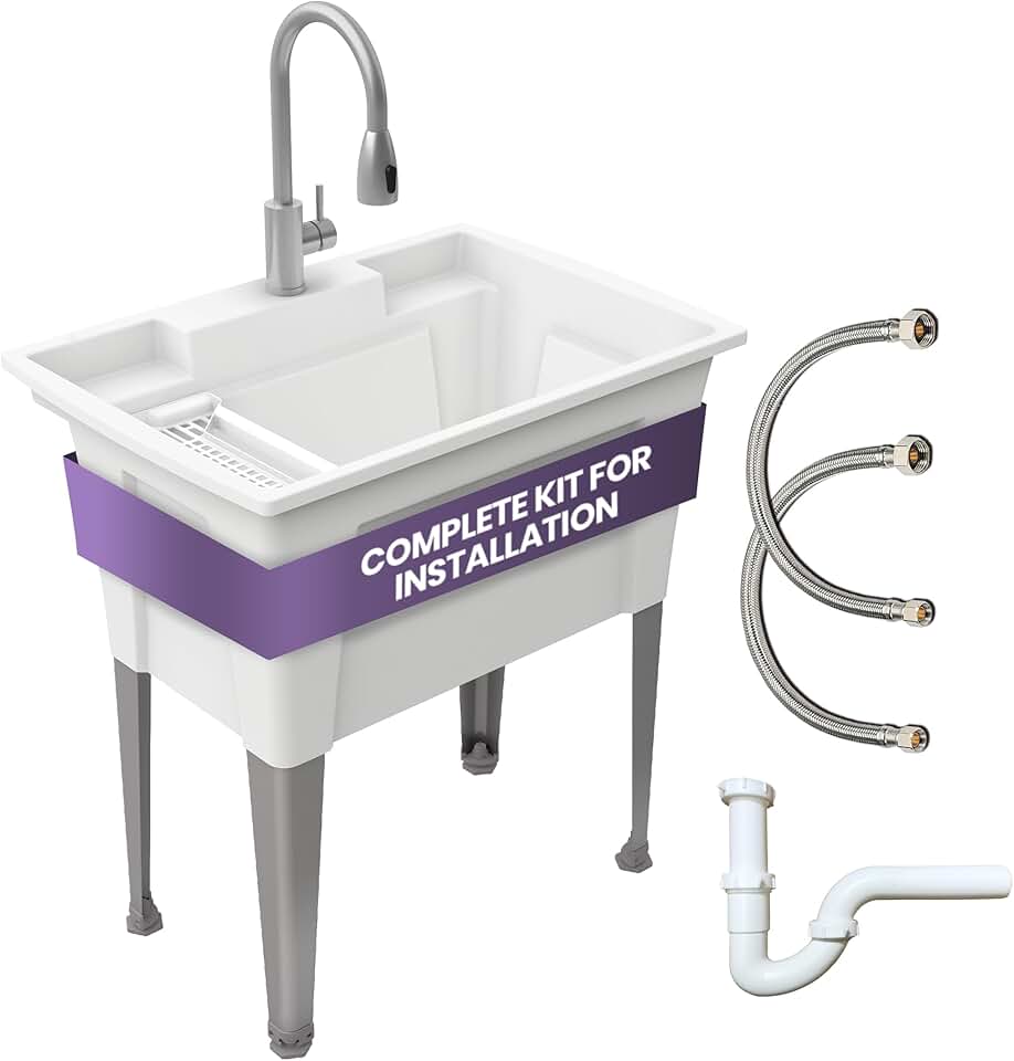 Standing Utility Sink with Steel Legs and Goose Neck Faucet – 32” Utility Sinks for Laundry Room, Garage, Garden, Basement – Noah William Home Indoor and Outdoor Basement Wash Tub (WHITE)