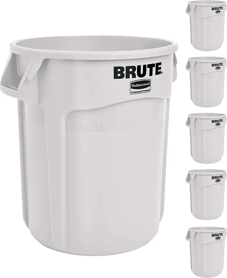 Rubbermaid Commercial Products BRUTE Heavy-Duty Round Trash/Garbage Can, 20-Gallon, White, Wastebasket for Home/Garage/Mall/Office/Stadium/Bathroom, Pack of 6