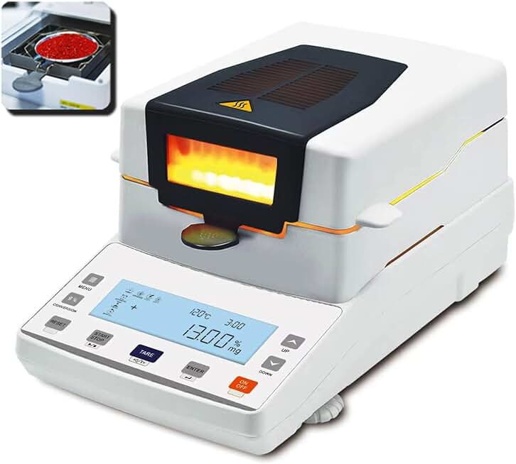 Halogen Moisture Analyzer Meter Lab Moisture Balances Automatic Halogen Heating Moisture Analyzer With Capacity 110g Readability 10mg Moisture Range 0-100.00% Readability 0.2% Temp.Range 40-199℃
