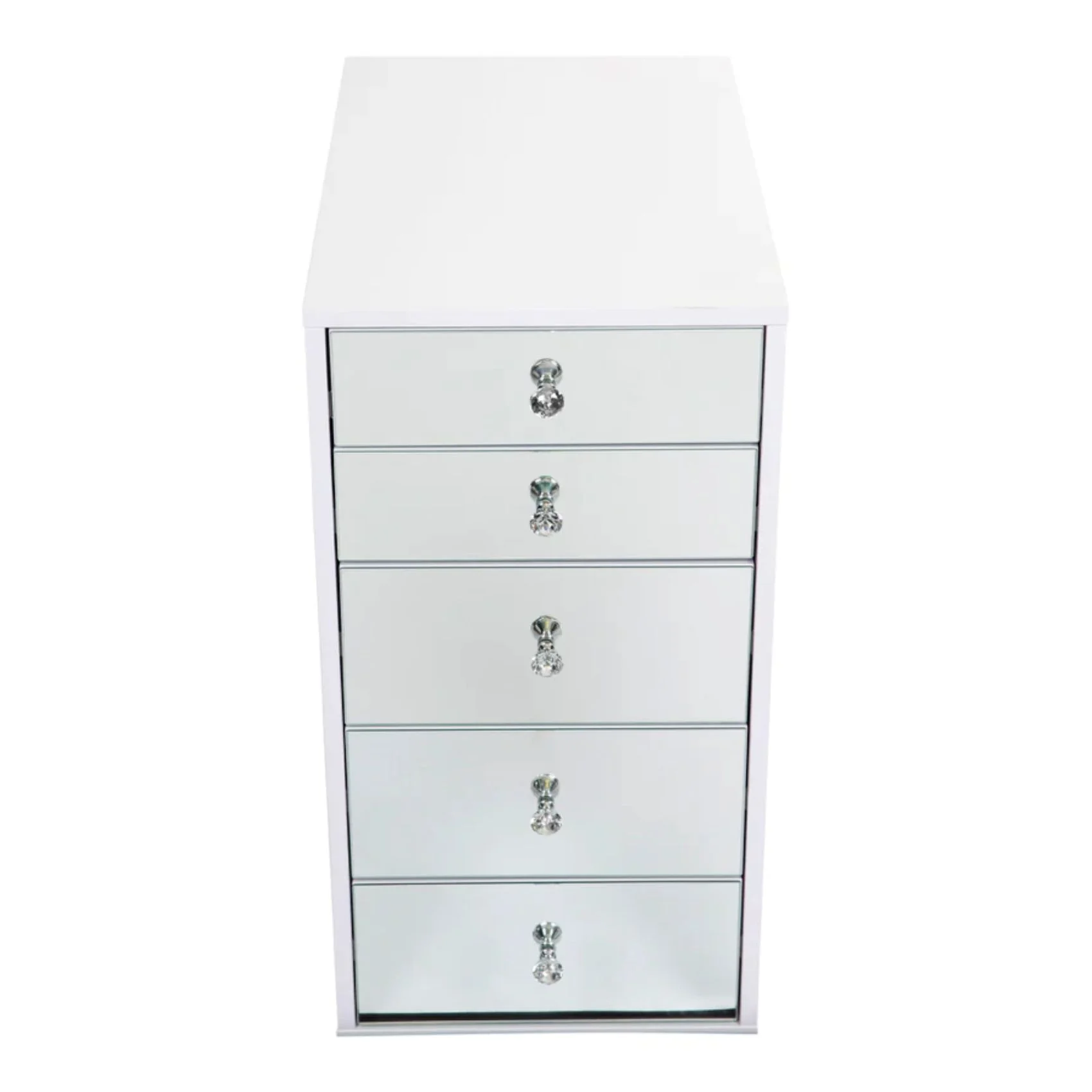 Impressions Vanity 5 Drawer Storage Organizer, SlayStation Mirrored Front Narrow Chest of Drawers for Bedroom, Vanity Desk Side Makeup Drawer Unit with Crystal Lux Knobs ( Bright White)