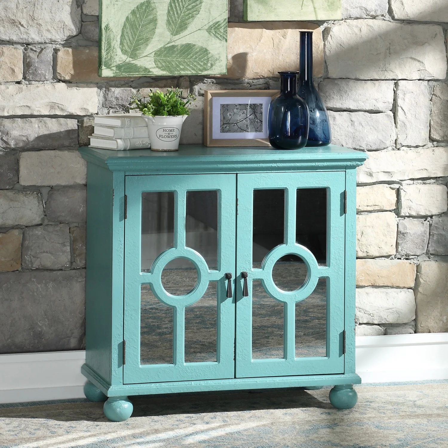 JDZDESIGN Classic  Cabinet 1pc Modern Traditional  Chest with Mirror Doors Antique Aqua Finish Pendant Pulls Wooden  Living Room Bedroom
