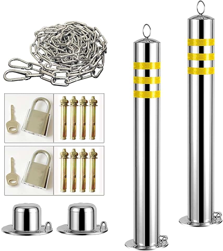 2X Parking Bollards and 5m Warning Chain,Parking Barrier with Hanging Ring and Reflective Tape,Stainless Steel Security Posts for Driveways,Lockable Parking Barriers
