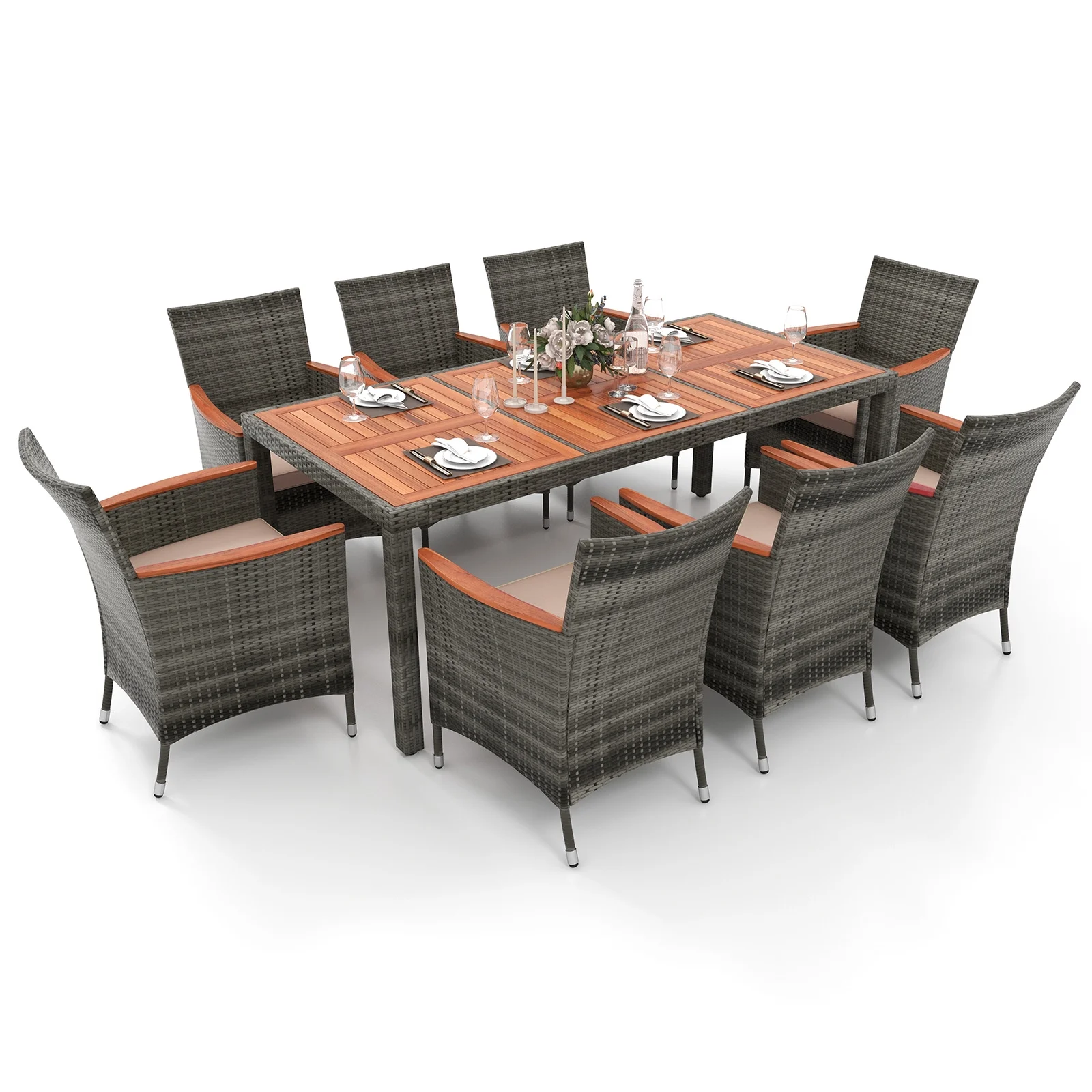 Patiojoy 9PCS Patio Rattan Furniture Dining Set Acacia Wood Table Cushioned Chair for Outdoor