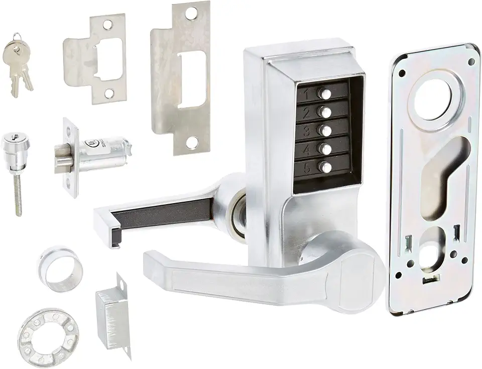 Simplex LL101126D Kaba L1000 Series Metal Mechanical Pushbutton Cylindrical Lock with Lever, 13mm Throw Latch, Floating Face Plate, 70mm Backset, Satin Chrome Finish, Left Hand