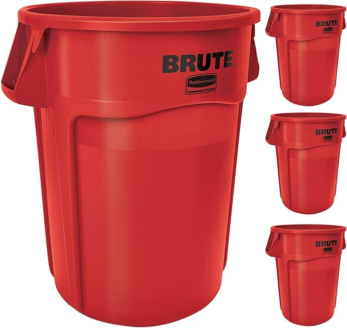 Commercial Products BRUTE Heavy-Duty Round Trash/Garbage Can with Venting Channels, 44-Gallon, Red, Wastebasket for Home/Garage/Mall/Office/Stadium/Bathroom, Pack of 4