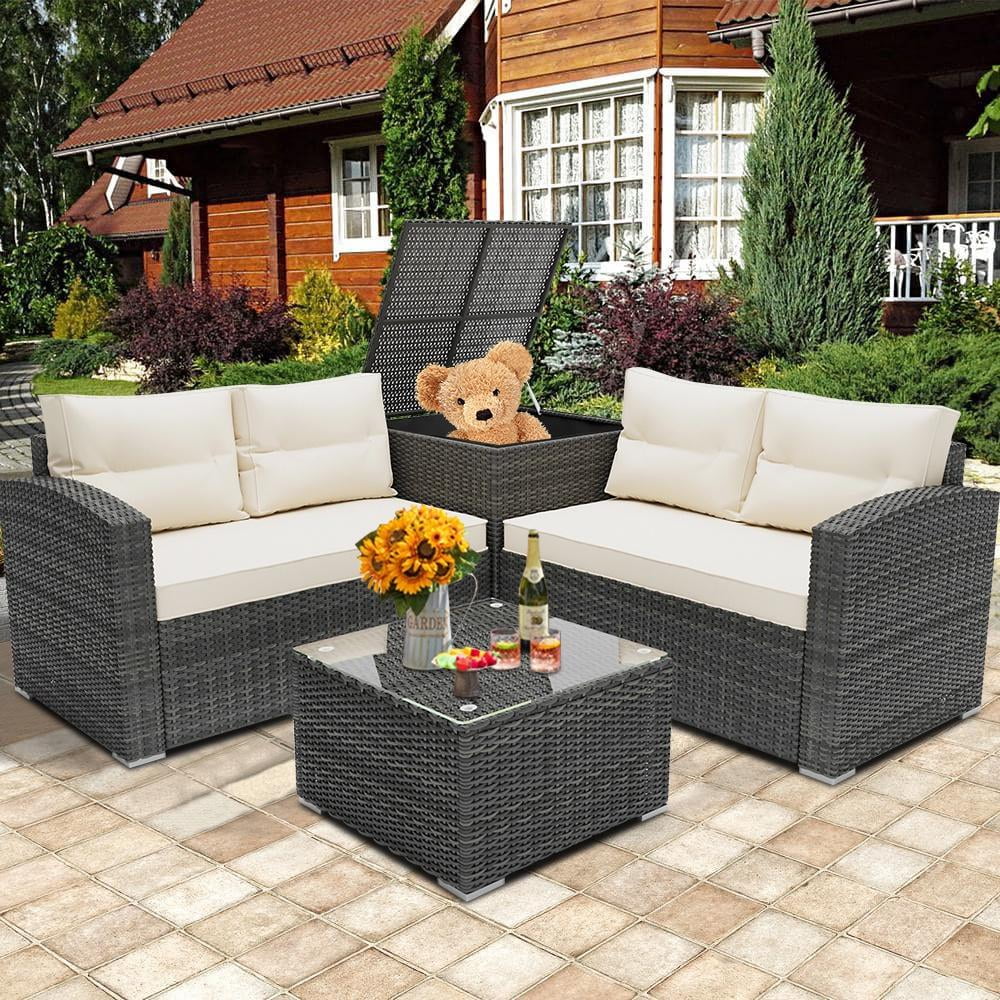 Outdoor Patio Conversation Set, 4 PCS All-Weather PE Rattan Sectional Cushioned Sofa with Table and Storage Box, Manual-Woven Wicker Couch Chair Set, Outdoor Patio Deck Garden Bistro Set, B870