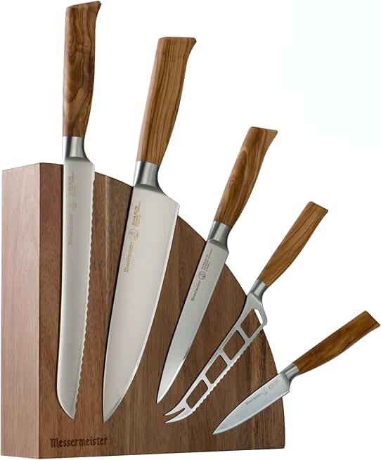 Messermeister Oliva Elite 6-Piece Magnet Block Set - Includes Chef’s, Bread, Cheese & Tomato, Utility & Paring Knife + Magnet Block