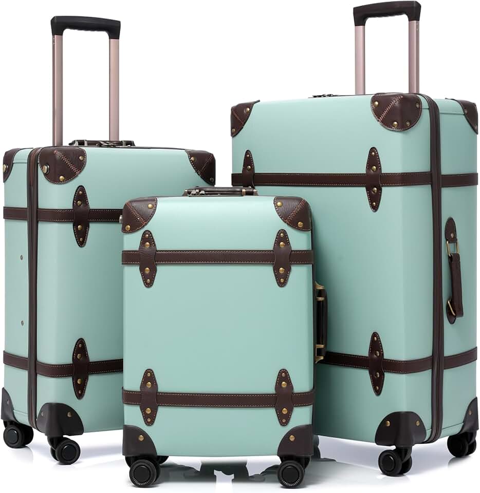 NZBZ Vintage Handmade Luggage Sets for Women, PU Leather Retro Suitcase, Cute Vintage Trunk Luggage 3 Pieces, Vintage Suitcase Set for Travel with TSA Lock (Turquoise, 20inch & 24inch & 28inch)