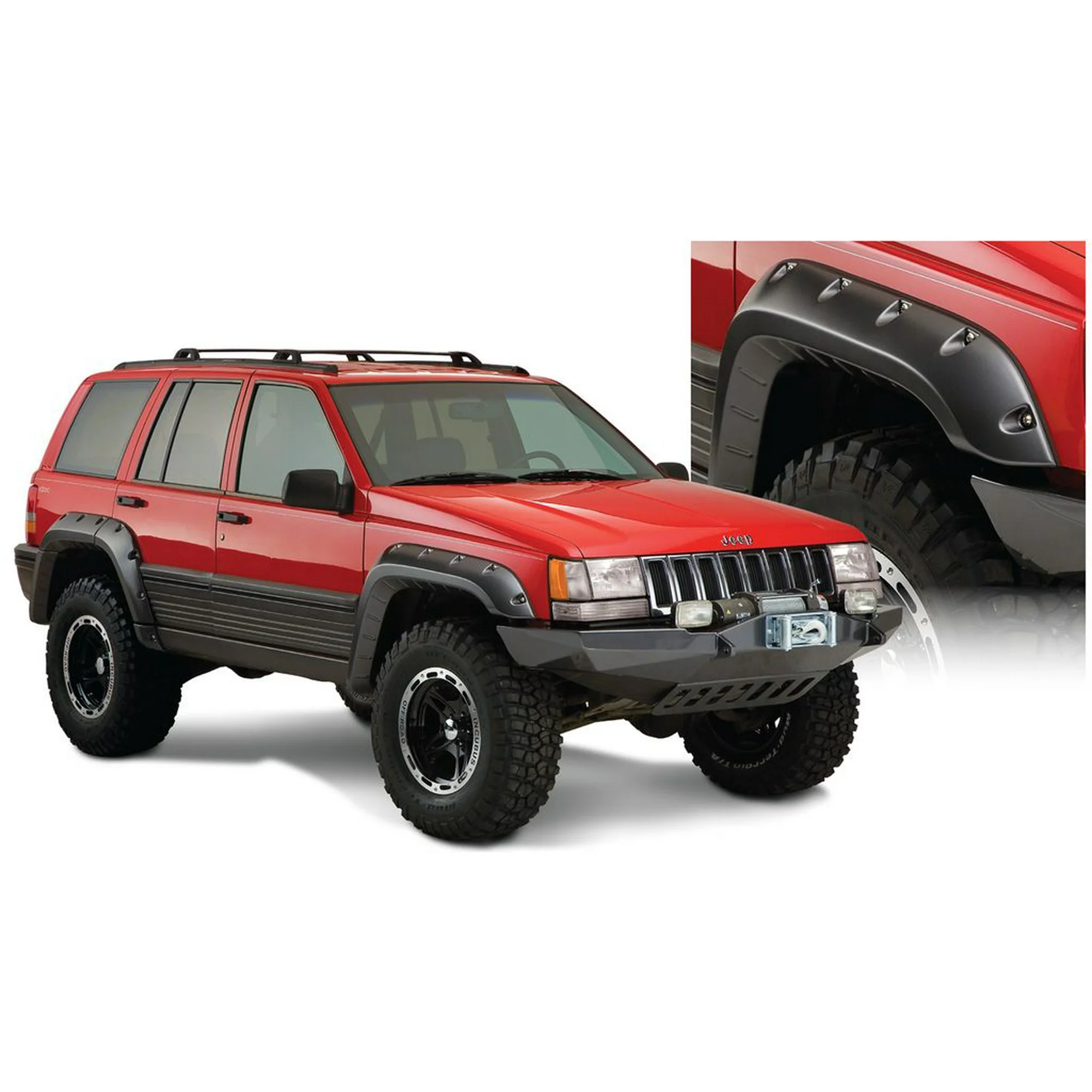 Bushwacker by RealTruck Jeep Cutout Pocket/Rivet Style Front & Rear Fender Flares | 4-Piece Set, Black, Textured Finish | 10916-07 | Compatible with 1993-1998 Jeep Grand Cherokee