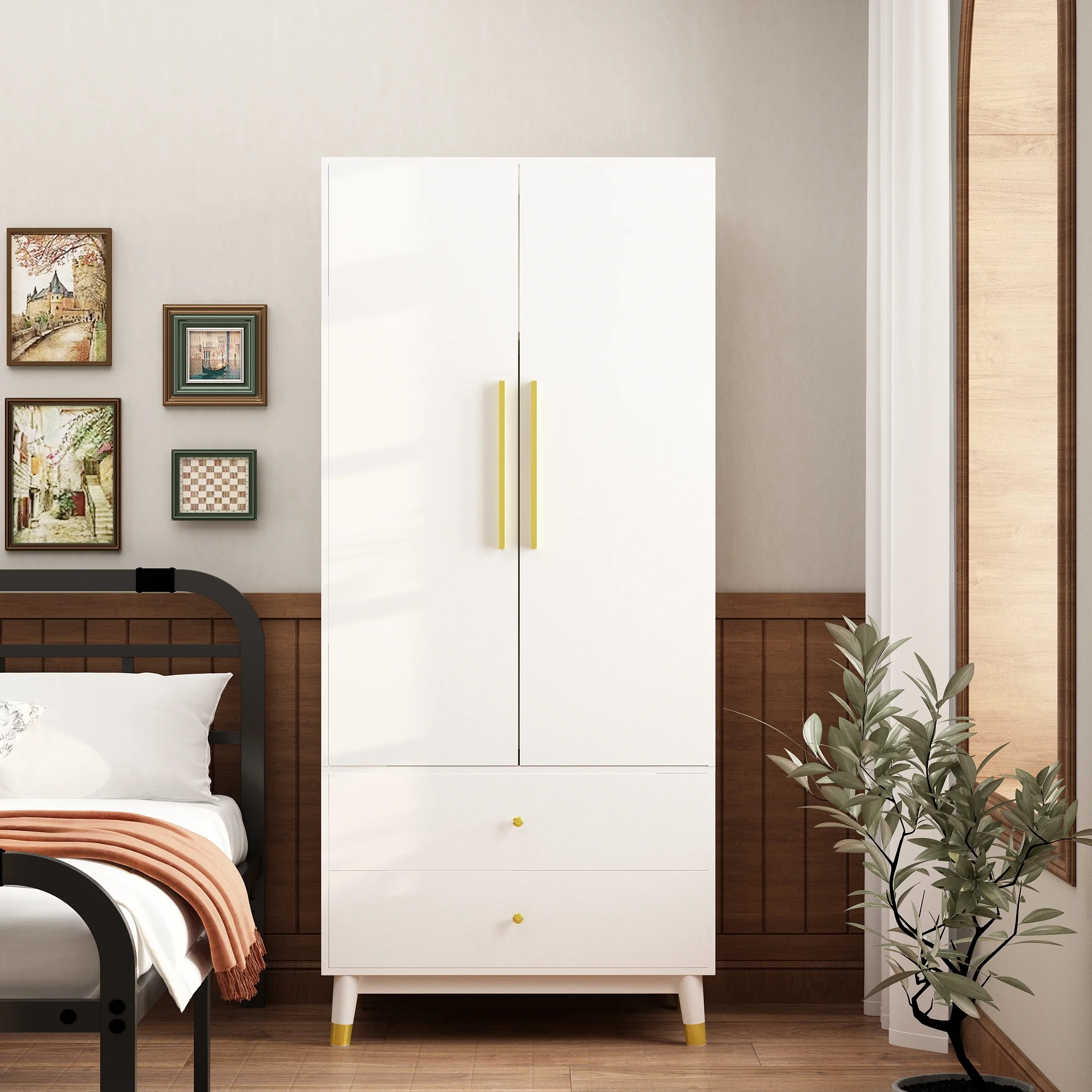 OXYLIFE 2 Door Wardrobe Armoire, Clothing Storage Cabinet with Hanging Rod and Bottom Drawers for Bedroom, White