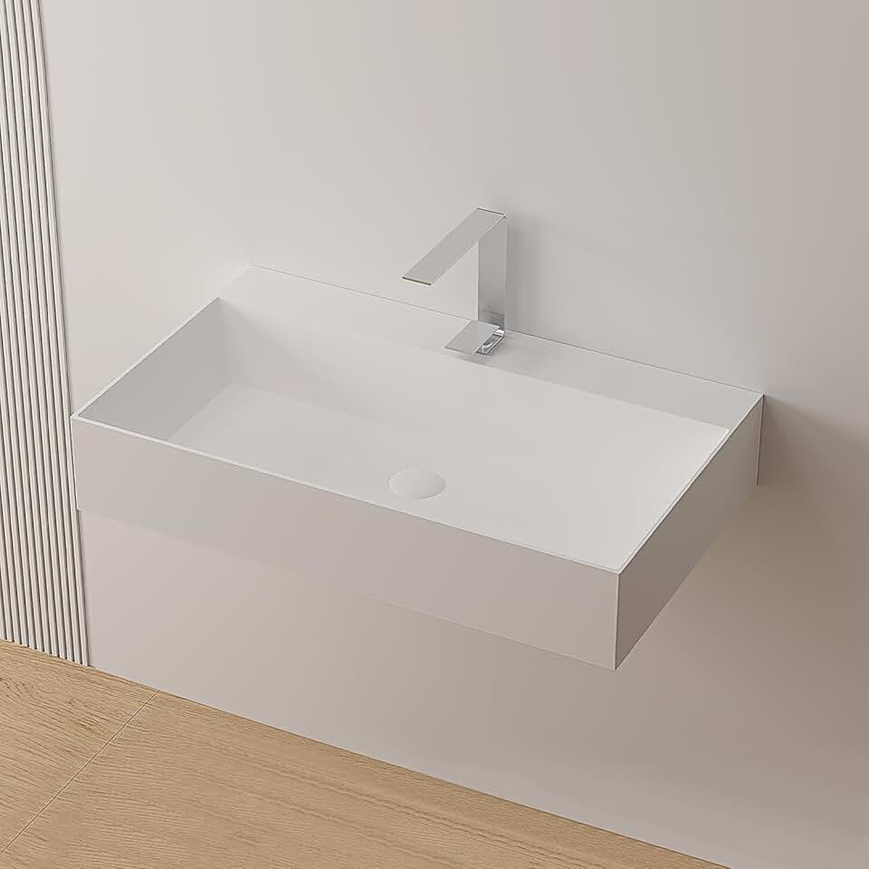 30x18 inch Wall-Mount Stone Resin Bathroom Sink with Faucet Hole, Floating Vessel Sink with Pop Up Drain Set Above Counter, White