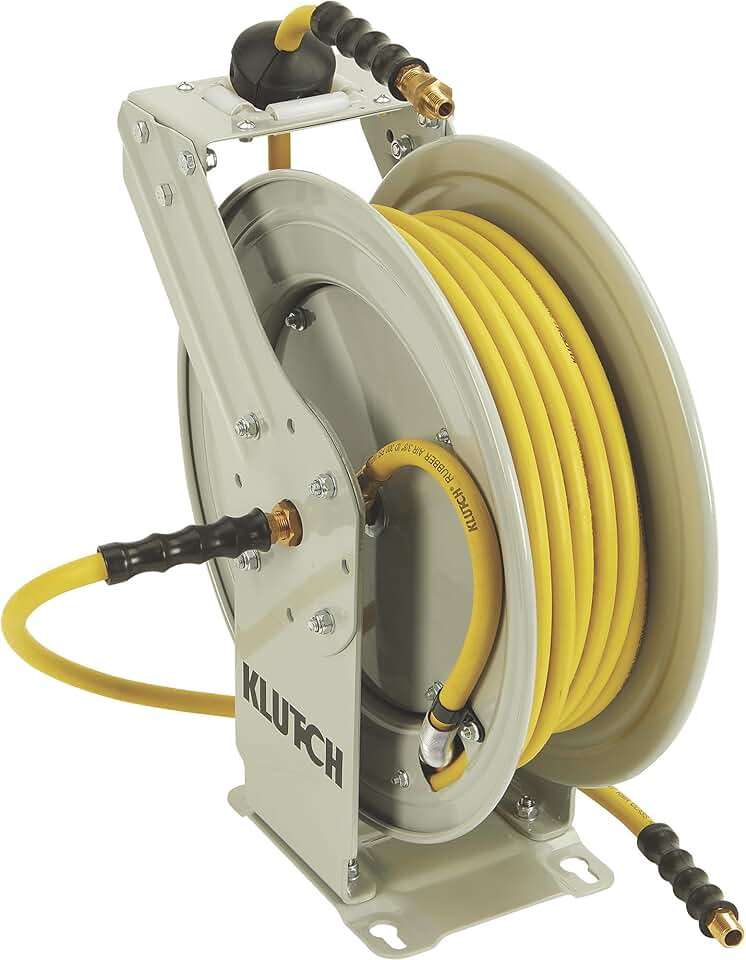 Klutch Auto-Rewind Dual Arm Air Hose Reel, with 3/8in. x 50ft. Hose, 300 PSI