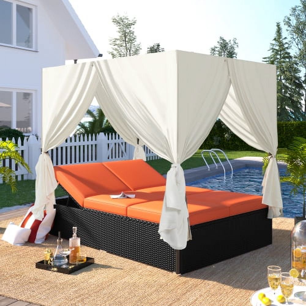 Outdoor Patio Wicker Sunbed Daybed with Adjustable Seats, Shinpt Rattan Patio Sofa Set with Canopy, Overhead Curtains and Cushions for Backyard, Garden and Poolside, Orange Cushions
