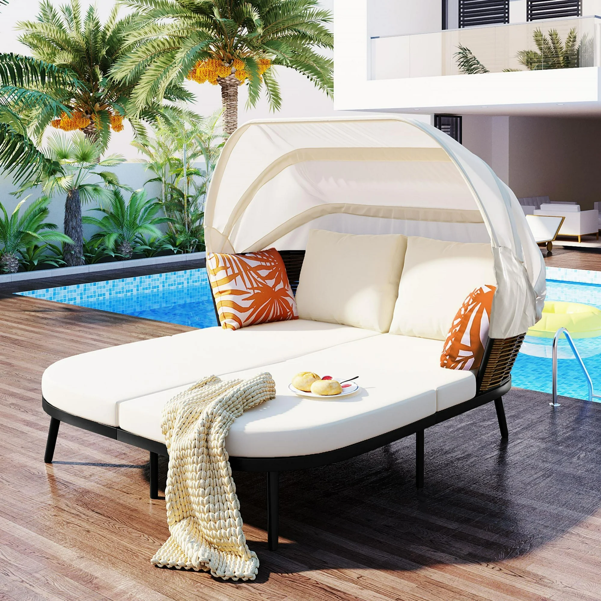 Outdoor Patio Daybed with Retractable Canopy, Sunbed Patio Bed Lounger, Rattan Wicker Back Patio Sectional Loveseat Sofa Set with Throw Pillows and Cushions for Backyard Poolside Garden, White