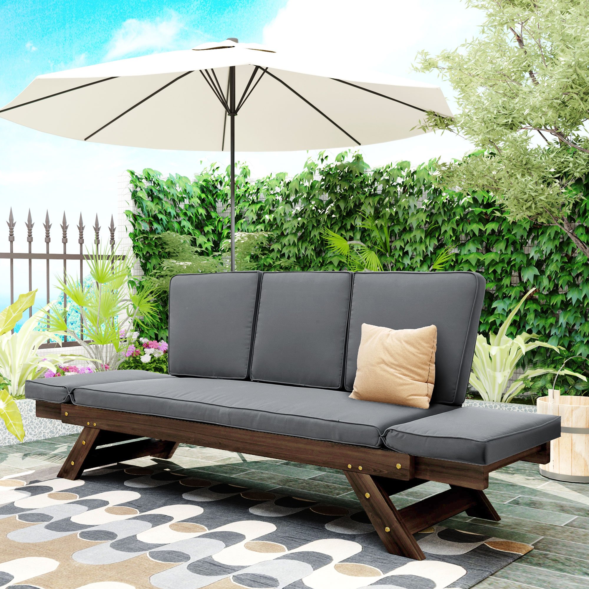 Outdoor Patio Wooden Daybed Sofa, Adjustable  Chaise Lounge with Cushions,  for Small Places