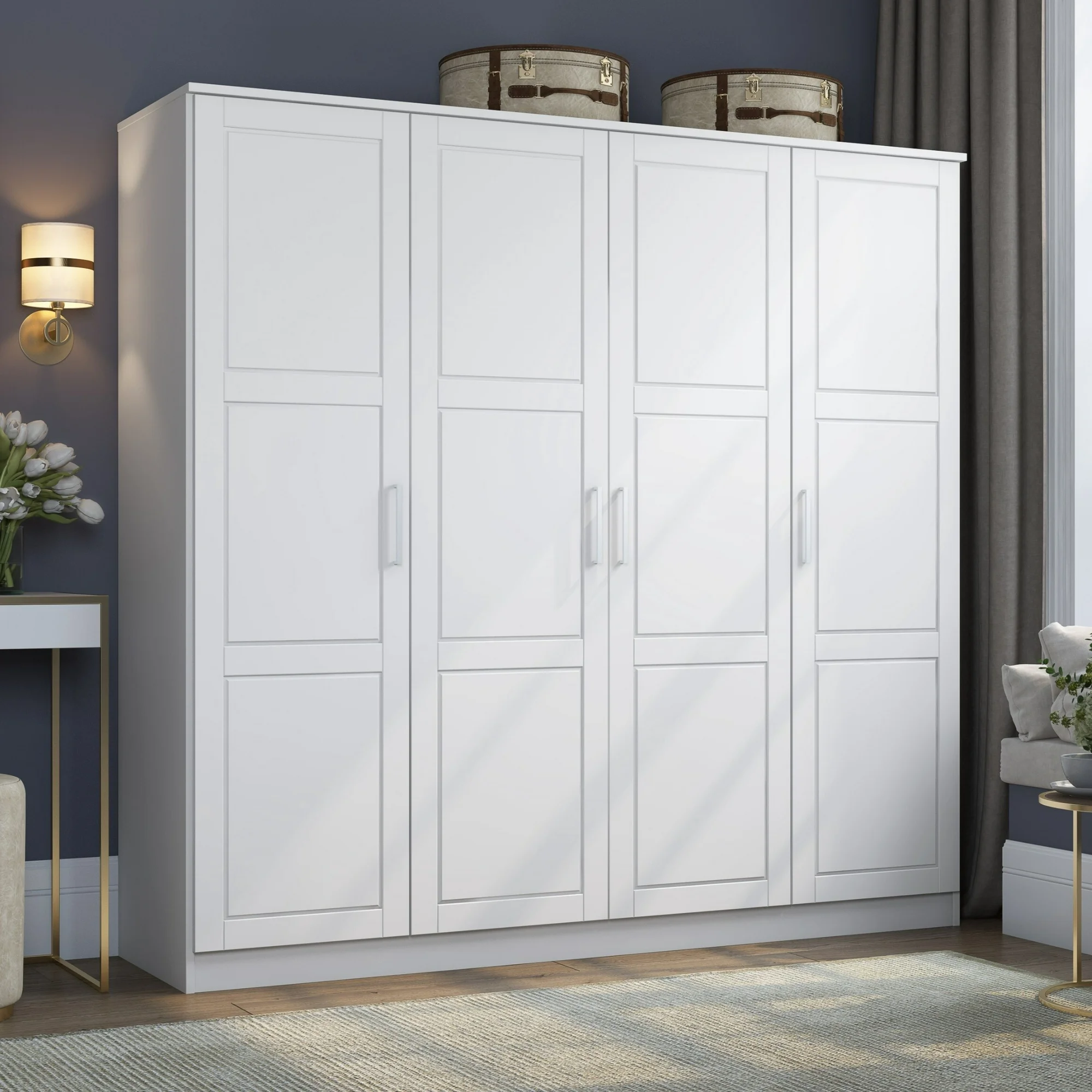 Palace Imports, Inc. 100% Solid Wood Cosmo 4-Door Wardrobe with Solid Wood or Mirrored Doors White