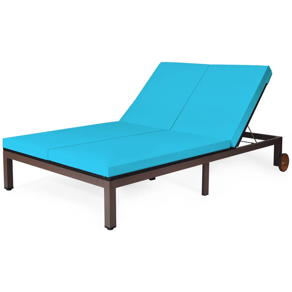 Patiojoy 2-Person Patio Rattan Recliner Chair Chaise Lounge Daybed with Wheels & Cushion Turquoise