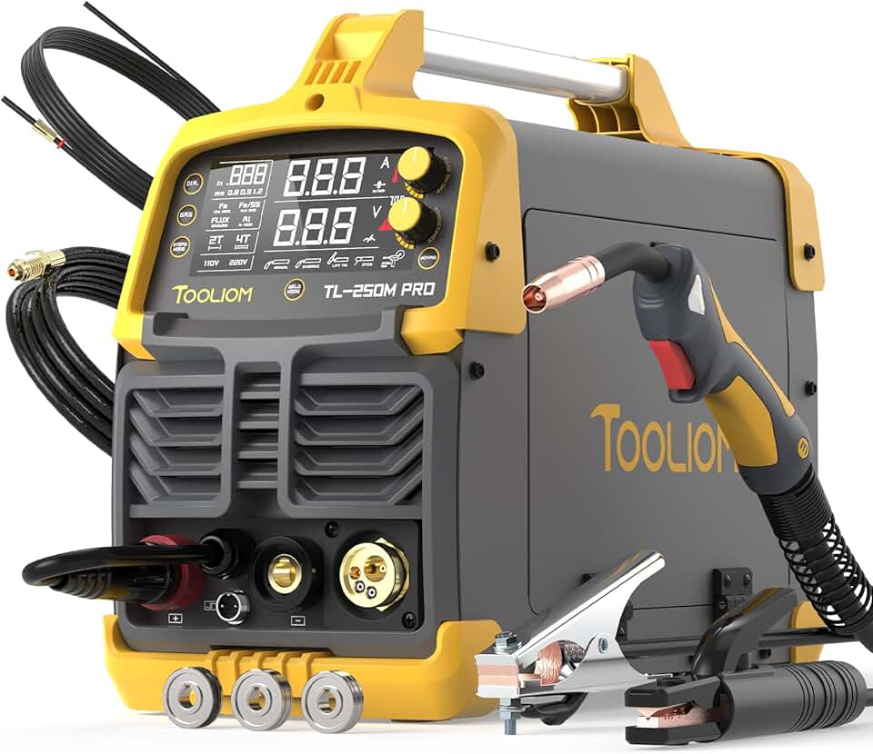 TOOLIOM Aluminum MIG Welder with Pulse 250A 110V/220V Dual Voltage 4 in 1 Multifunctional Welding Machine Gas/Gasless Flux MIG/Lift TIG/Stick with Spool Gun Compatible
