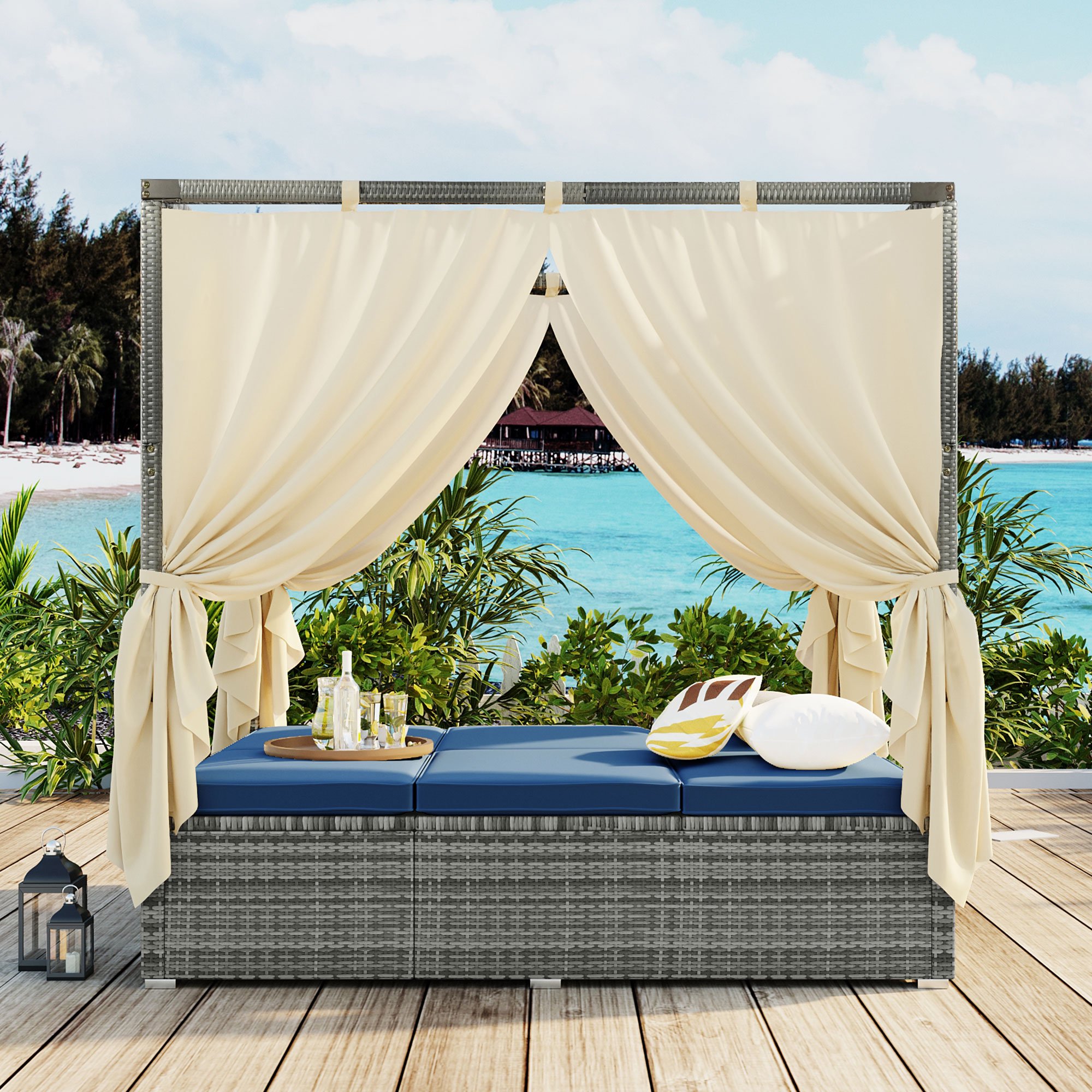 Patio Chaise Lounge Set, Outdoor PE Rattan Wicker Sunbed Daybed, Adjustable Sun Bed With Curtain, Beige Cushions