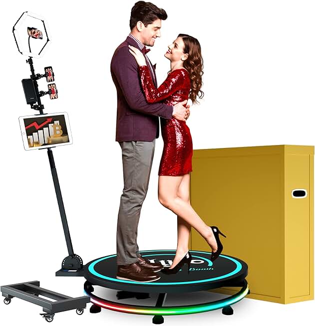 OLYLO 360 Photo Booth Machine with Software for Parties with Ring Light,Trolley,Free Logo Customization,2-3 People Stand on APP Remote Control Automatic Slow Motion 360 Spin Camera Video Booth