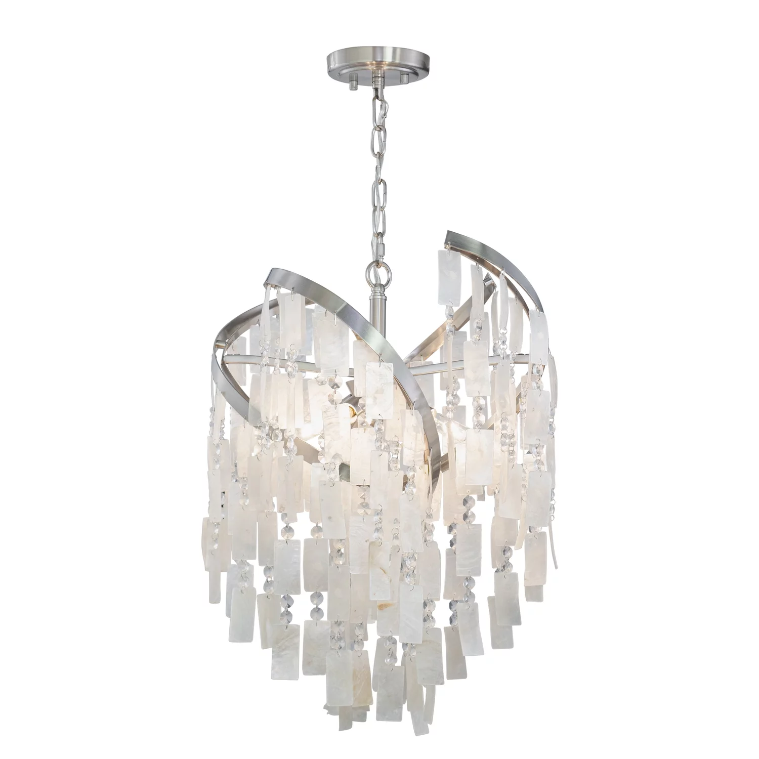 Isabel 4L Satin Nickel Coastal Glam Pendant Chandelier Light with Capiz Shells and Crystal