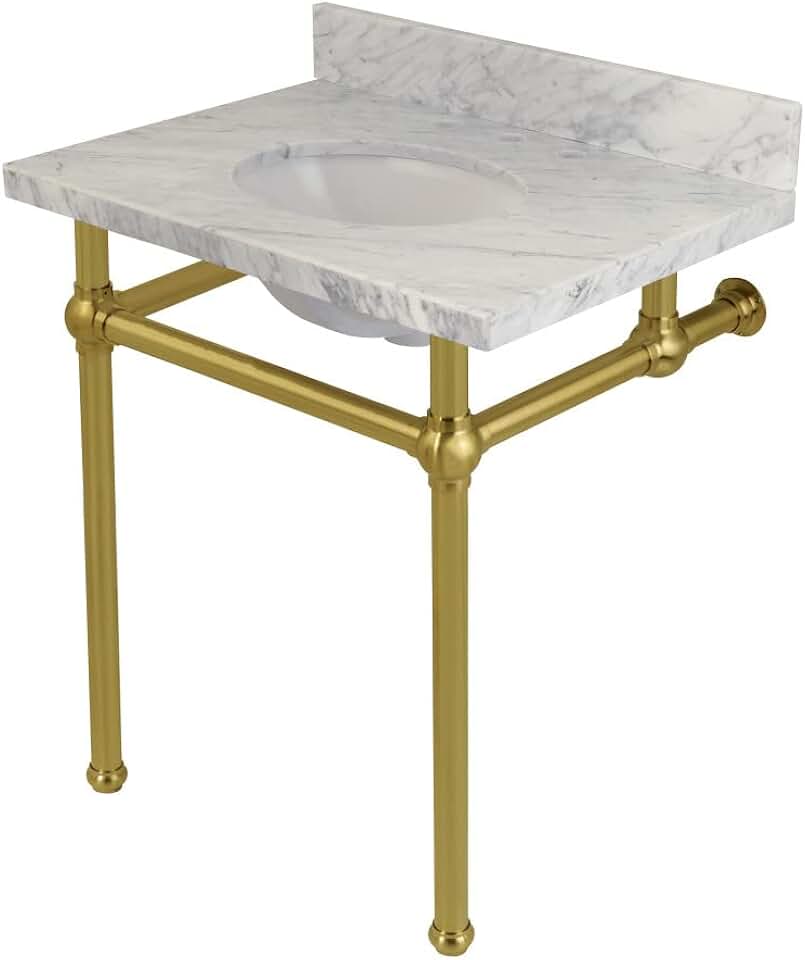 Kingston Brass Fauceture KVPB30MB7 Templeton Carrara Marble Bathroom Console Vanity with Brass Pedestal, Carrara Marble/Brushed Brass