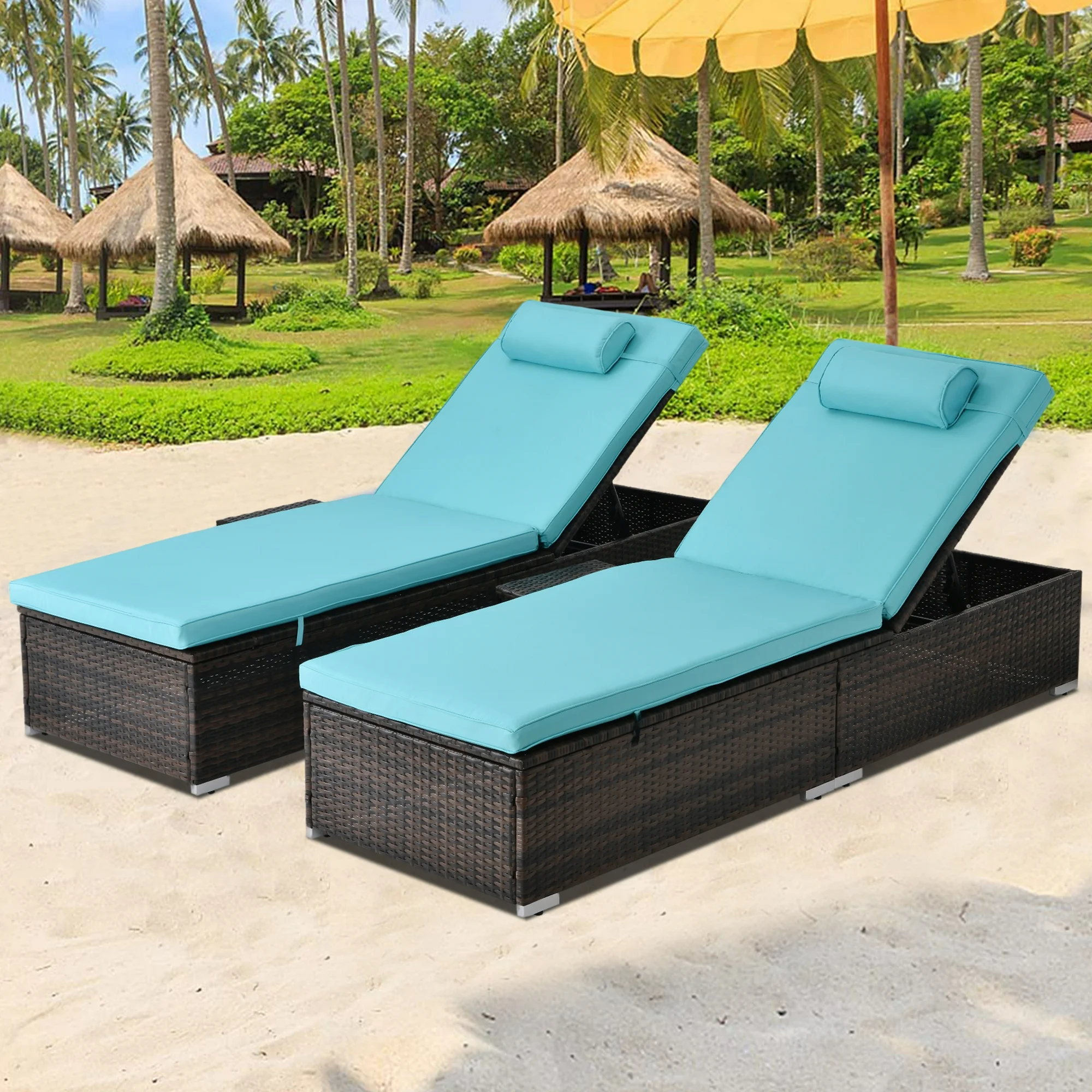 Outdoor Patio Lounge Furniture Set of 2, All-Weather Wicker Adjustable Backrest Recliners with Side Table, Pool Chaise Chairs Sets with Comfort Head Pillow, Glass Top Coffee Table, SS2343