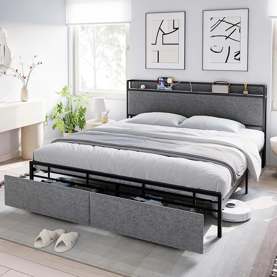 GAOMON Full Size Bed Frame with Headboard and Storage, Drawers Platform Bed Frames with Outlets, Sturdy, Noiseless, No Box Spring Needed, Easy Assembly