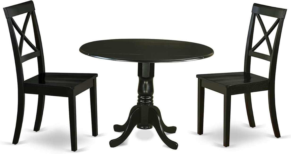 East West Furniture DLBO3-BLK-W 3 Piece Dining Table Set for Small Spaces Contains a Round Dining Room Table with Dropleaf and 2 Wood Seat Chairs, 42x42 Inch, Black