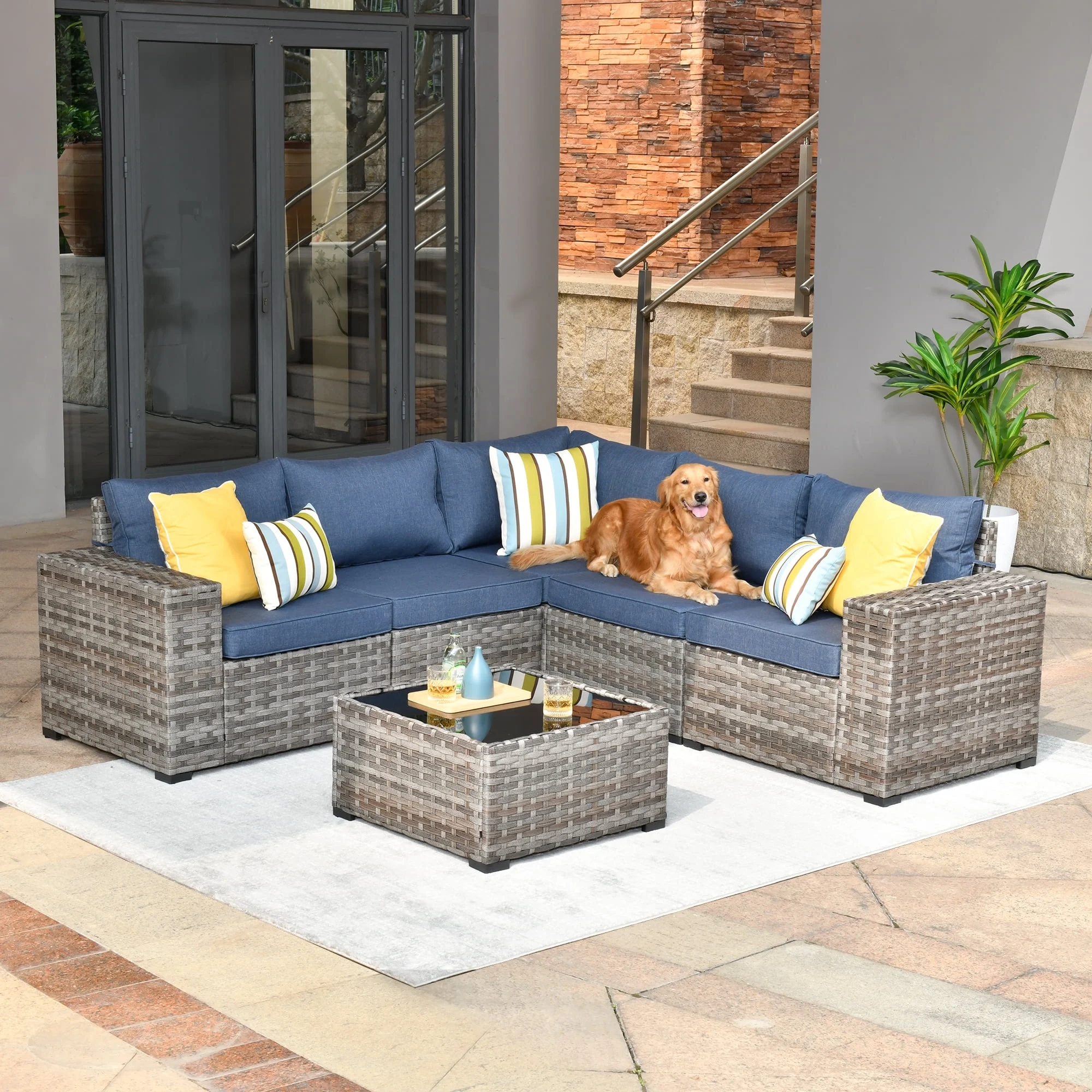 Ovios 6 Piece Outdoor Furniture All Weather Wicker Patio Conversation Sectional Sofa Set with Side Table for Garden Backyard