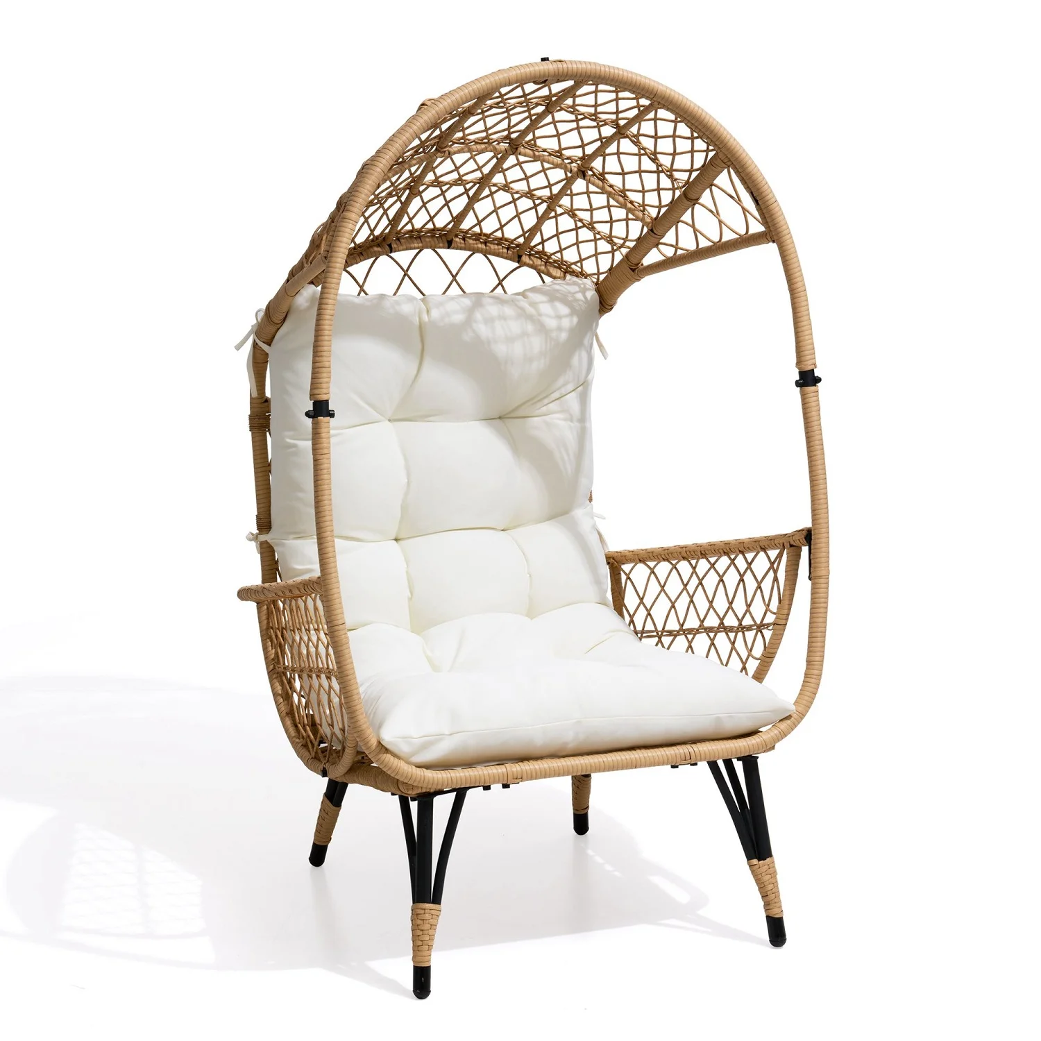 Pellebant Indoor Outdoor Wicker Egg Chair with Cushion Freestanding Oversized Patio PE Rattan Chair Basket in Beige