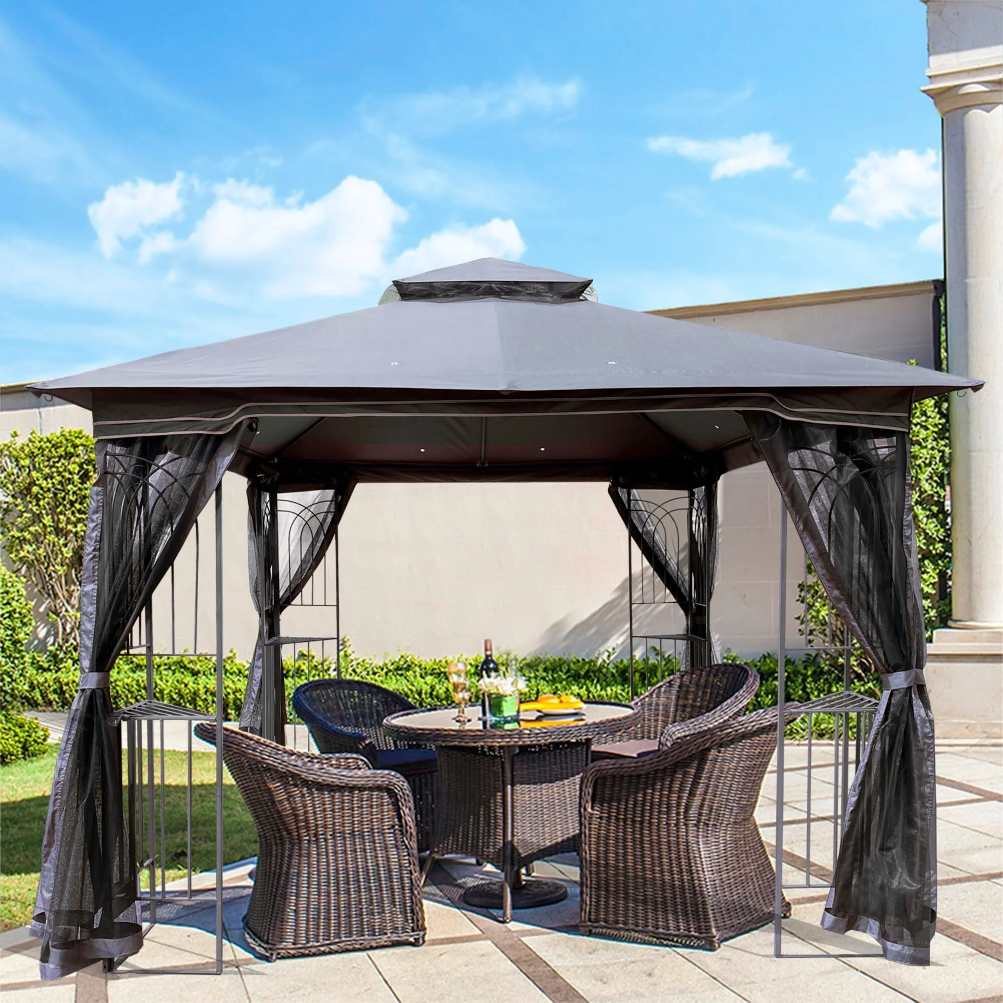 Outdoor Patio Gazebo Canopy Tent With Ventilated Double Roof And Mosquito net(Detachable Mesh Screen On All Sides)