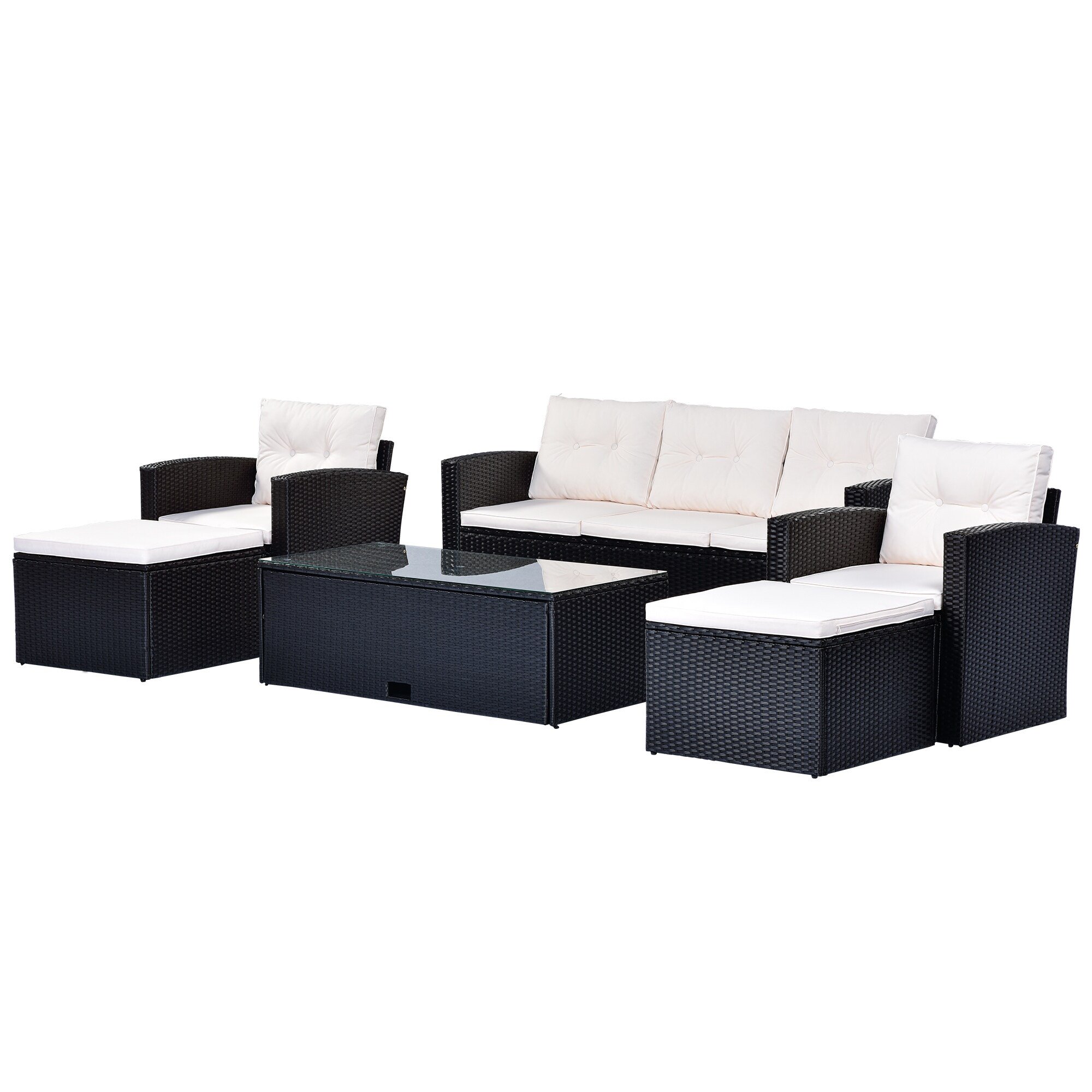 Outdoor 6 Piece All-Weather Patio Furniture Set PE Rattan Wicker Dining Conversation Sectional Sofa Sets with Coffee Table Black/Beige