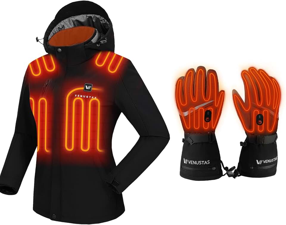 Venustas Slim Women's Heated Jacket (Black,2XL) and Heated Gloves (Black,L)