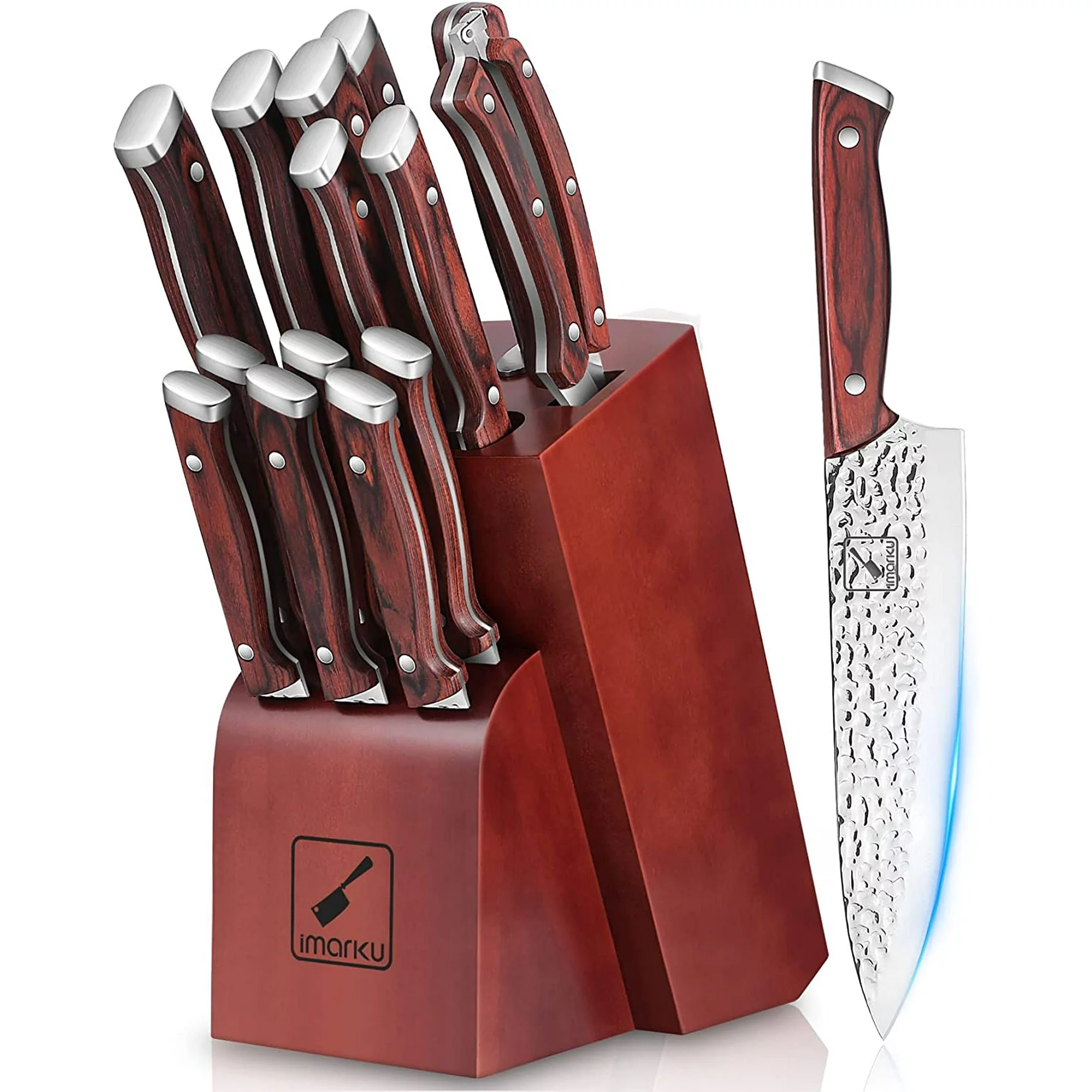 imarku | 16-Piece Knife Set with 6 steak knives and Knife Sharpener German Stainless Steel Hammered Design