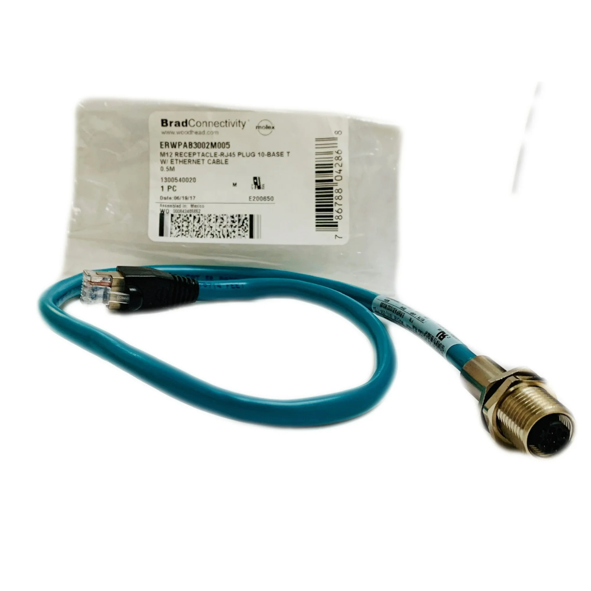 Pack of 10pcs ERWPAB3002M005 M12 Receptacle-RJ45 Plug 10-base TW/ Ethernet Cable 0.5M, 1300540020