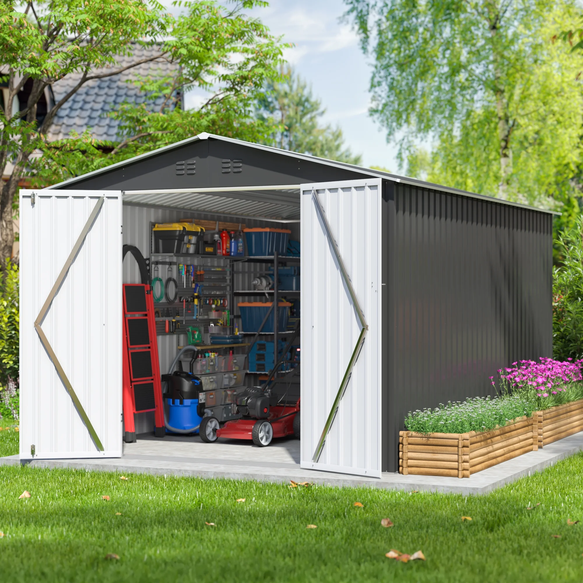 JAXPETY 8' x 12' Large Outdoor Metal Shed Garden Storage W/ Lockable Doors & Air Vents, Gray
