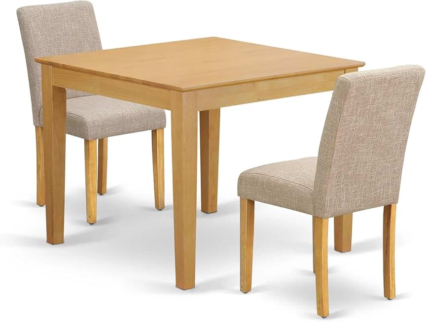 East West Furniture OXAB3-OAK-04 Oxford 3 Piece Set for Small Spaces Contains a Square Wooden Table and 2 Light Tan Linen Fabric Parson Dining Room Chairs, 36x36 Inch