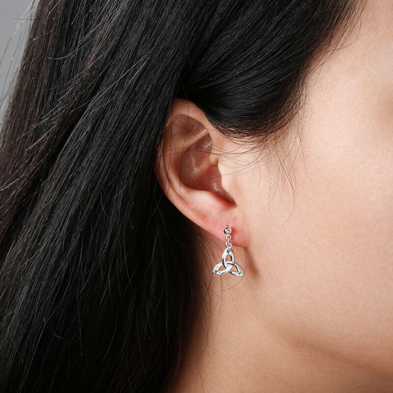 Gr&aacute; Collection Silver Plated Trinity Knot With Mini Green Cubic Zirconia Stones Earrings