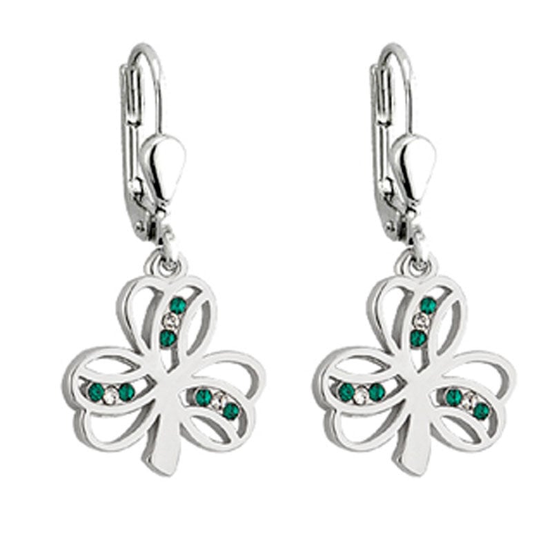 Rhodium Plated Shamrock Stud Earrings With Green Enamel Detail And Crystals