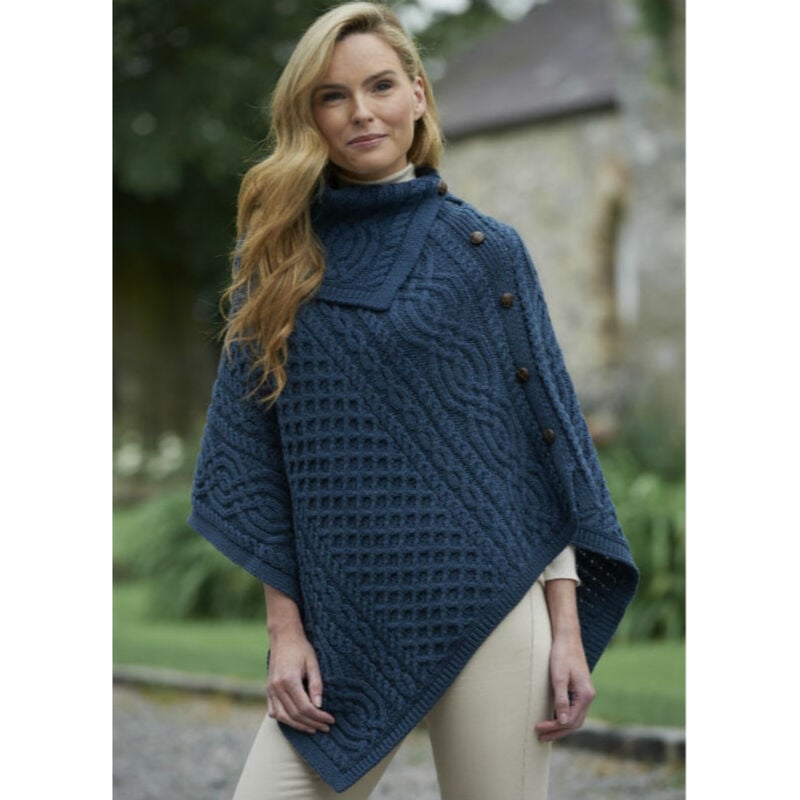 Ladies Traditional Buttoned Cowl Neck Poncho  Mallard Blue Colour