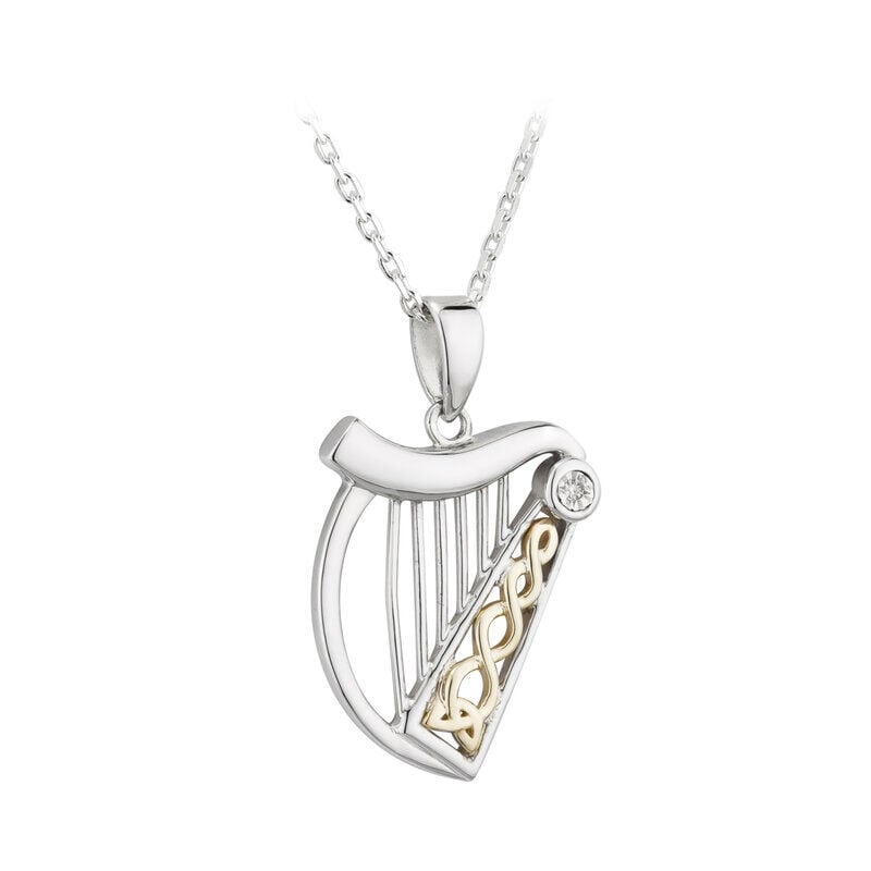 Hallmarked Sterling Silver & 10CT Gold & Diamond Harp Pendant