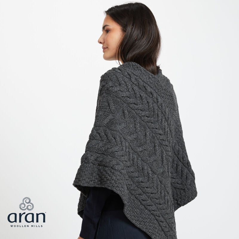 Aran Woollen Mills Super Soft Merino Wool Triangular Aran Cable Knitted Poncho Charcoal