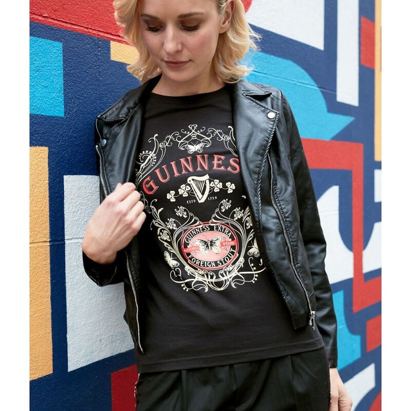 Guinness Ladies T-Shirt With Butterfly and Extra Foreign Stout Print  Black Colour