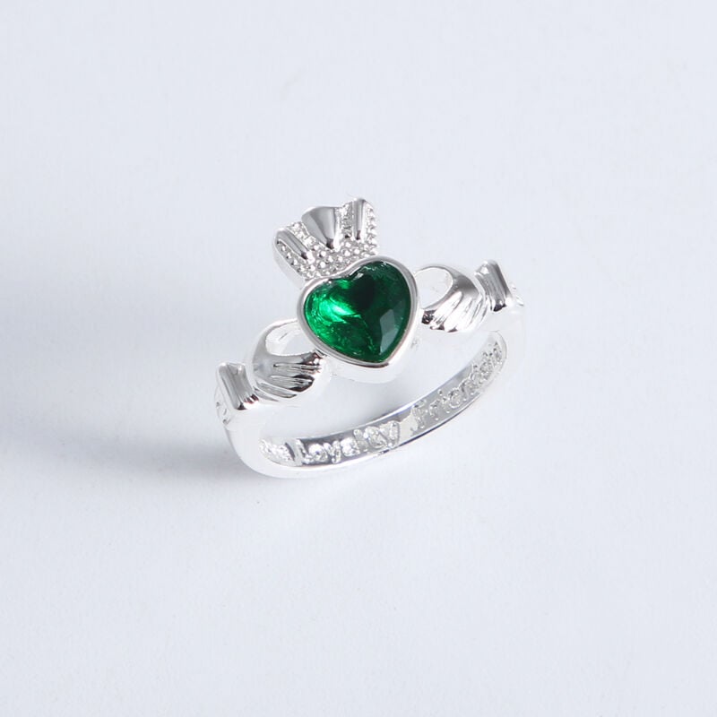Gr&aacute; Collection Silver Plated Claddagh Ring With Green Cubic Zirconia Stone