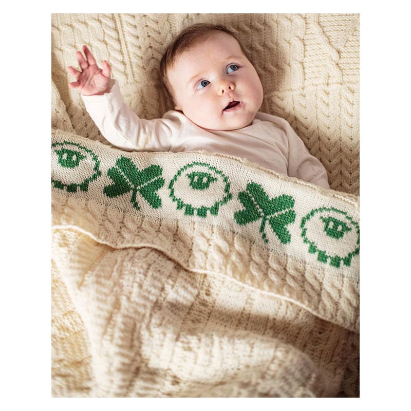 100% Soft Merino Wool Baby Blanket With Sheep And Shamrock Pattern