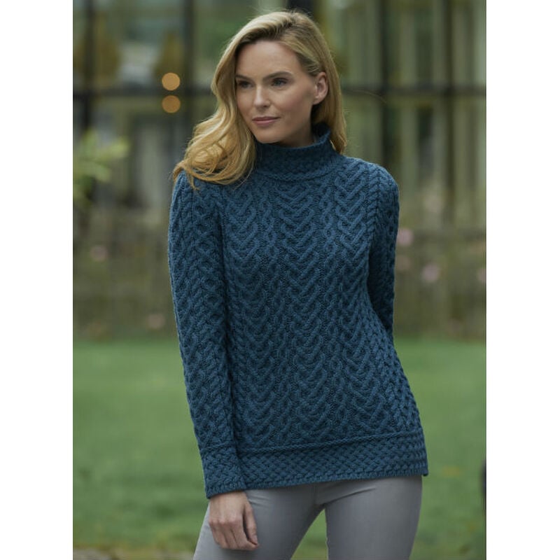High Neck Cable Aran Sweater, Teal Colour