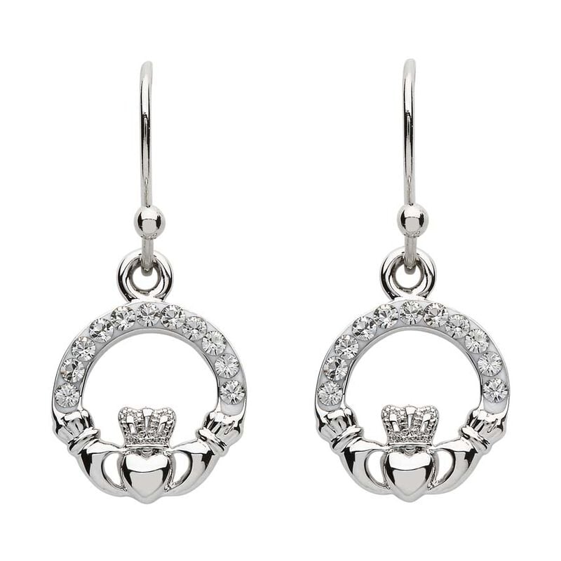 Platinum Plated Claddagh Stud Earrings With Clear Crystals